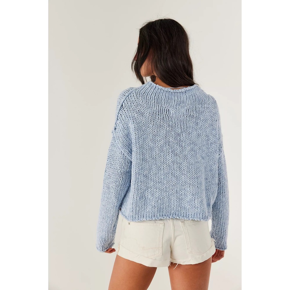 Free People Cotton Blend Opal Rollneck Blue Cozy Boho Relaxing Knit Sweater L - Picture 3 of 10